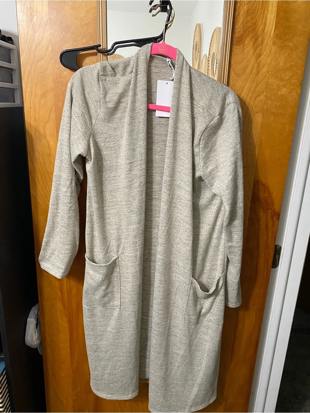 Women’s Open-Front Beige Long Cardigan with Pockets